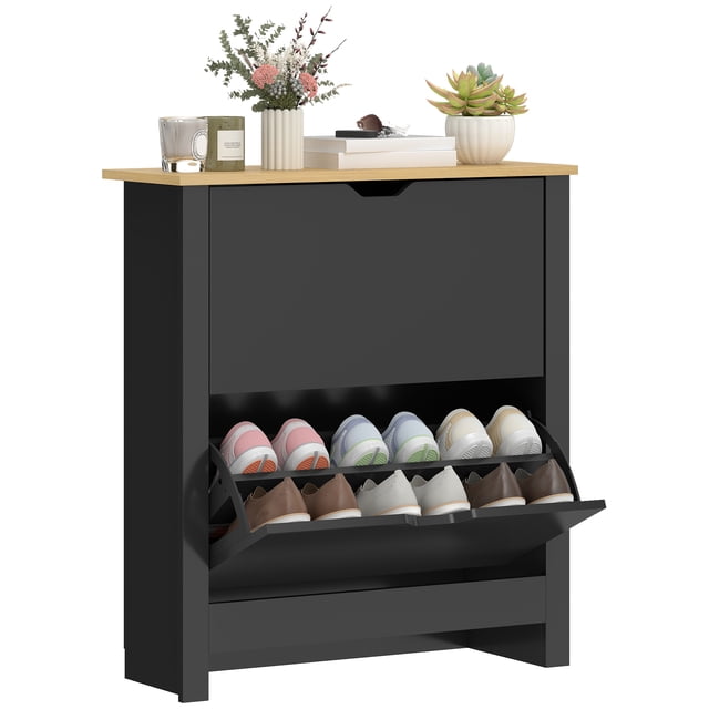 HOMCOM Armoire à Chaussures Étroite avec 2 Tiroirs Basculants Tablettes Ajustables, Noir