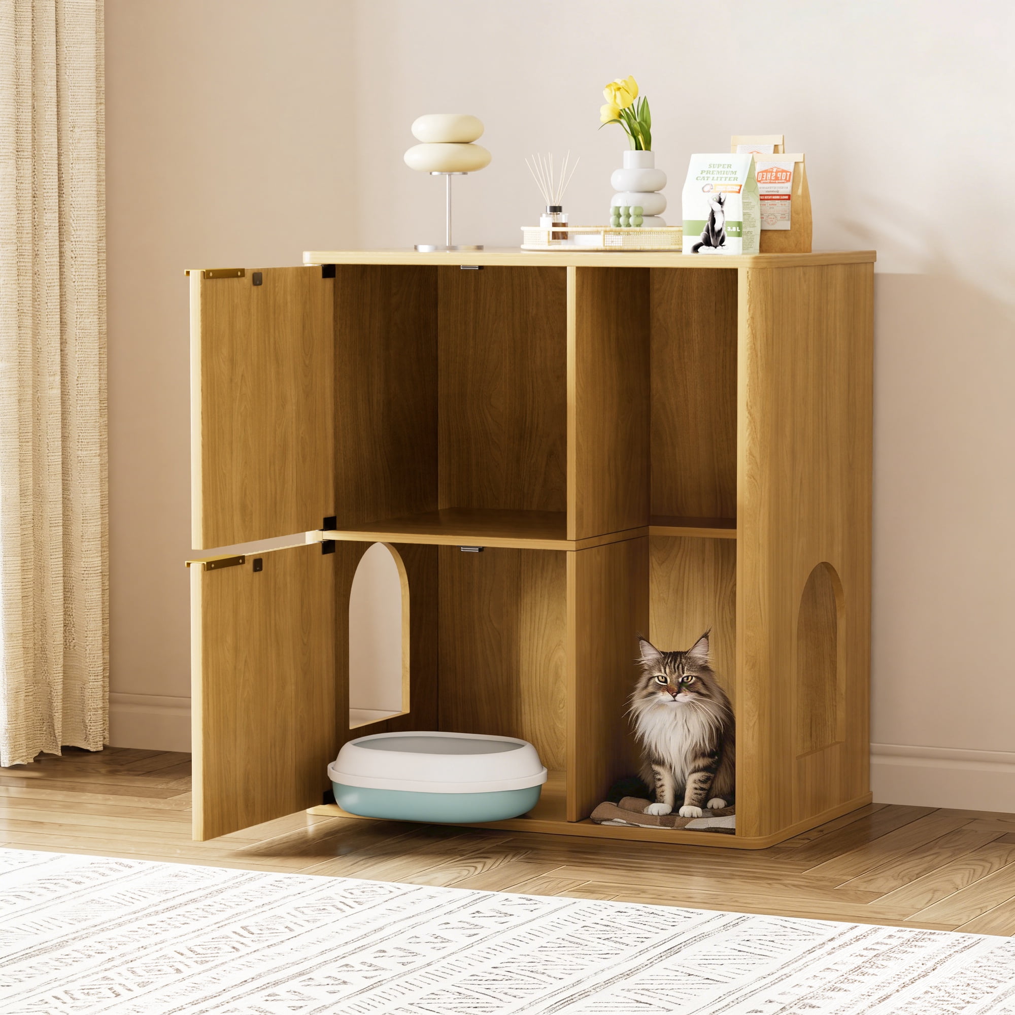 Cat Litter Cabinet with Cat Tree, Concealed Litter Box Enclosure with Dual Doors, Scratching Post and Storage Shelves, Stylish Pet Furniture for Living Room Bedroom