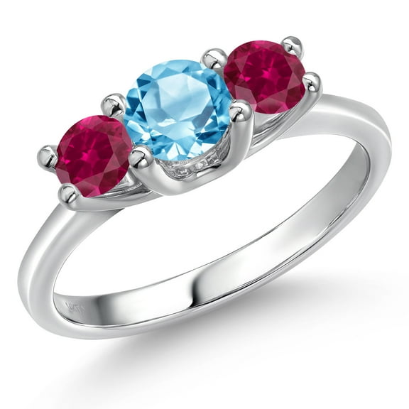 Gem Stone King 14K White Gold Swiss Blue Topaz & Red Created Ruby 3-Stone Engagement Ring | 1.15 Cttw | Round 5MM and 4MM | Three Stone Wedding Anniversary Promise Ring for Women (Size 6)