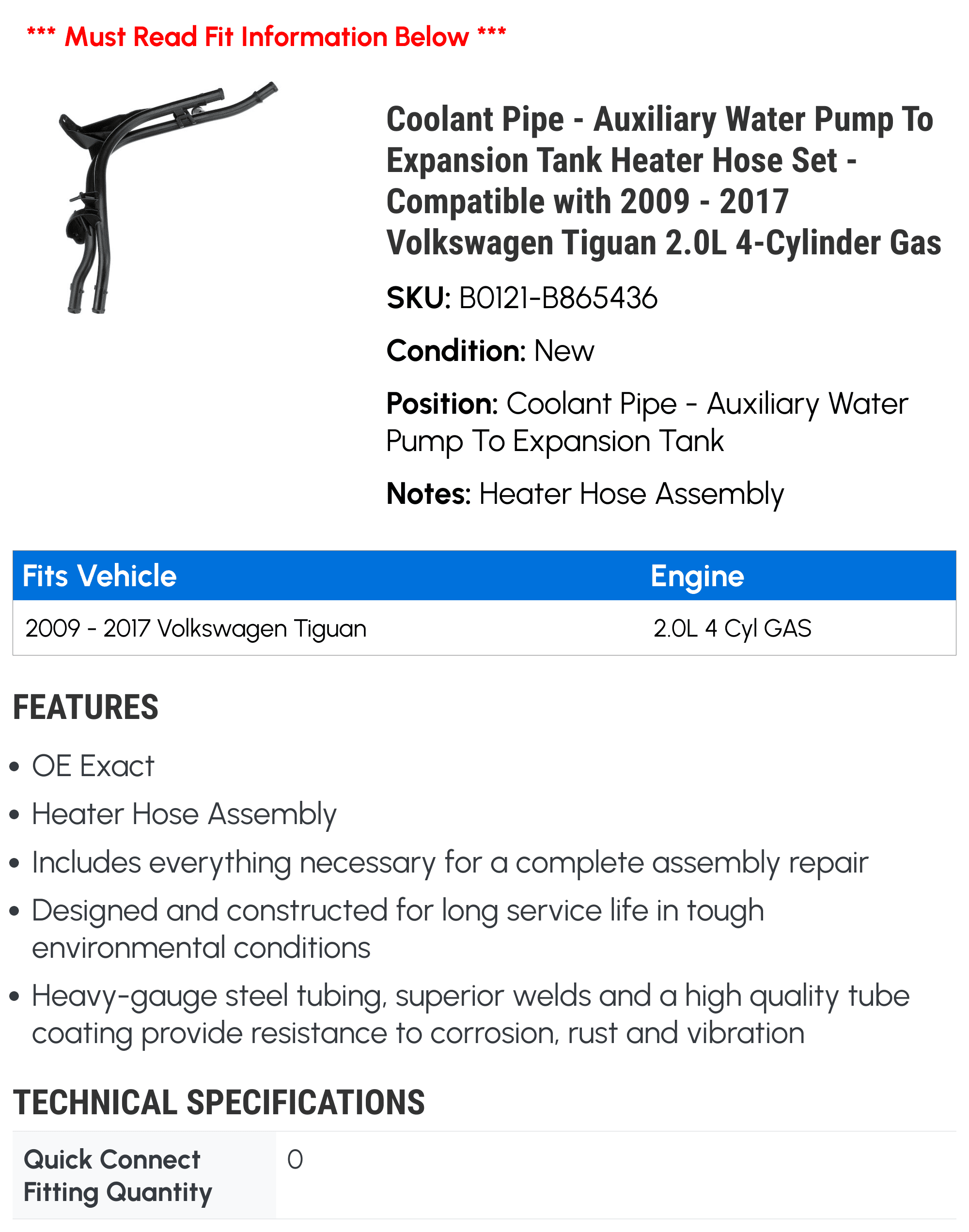 Coolant Pipe - Auxiliary Water Pump To Expansion Tank Heater Hose Set - Compatible with 2009 - 2017 Volkswagen Tiguan 2.0L 4-Cylinder Gas - Gates