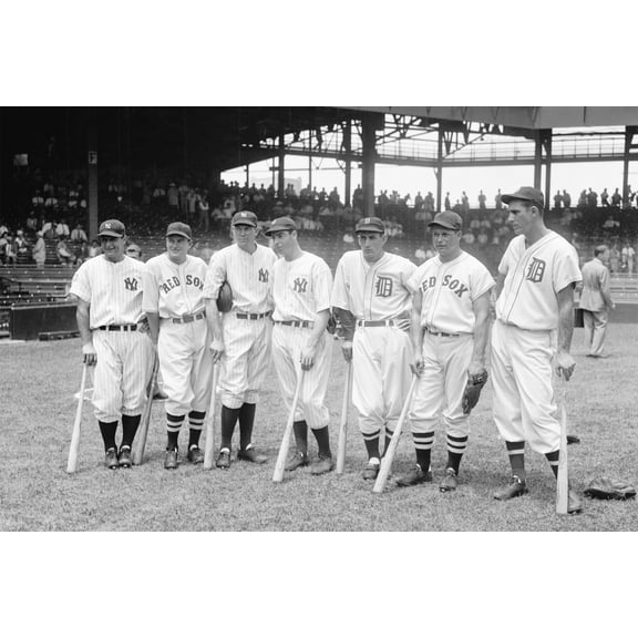 24x36 gallery poster, 1937 All-Stars Lou Gehrig, Joe Cronin, Bill Dickey, Joe DiMaggio, Charlie Gehringer, Jimmie Foxx, and Hank Greenberg