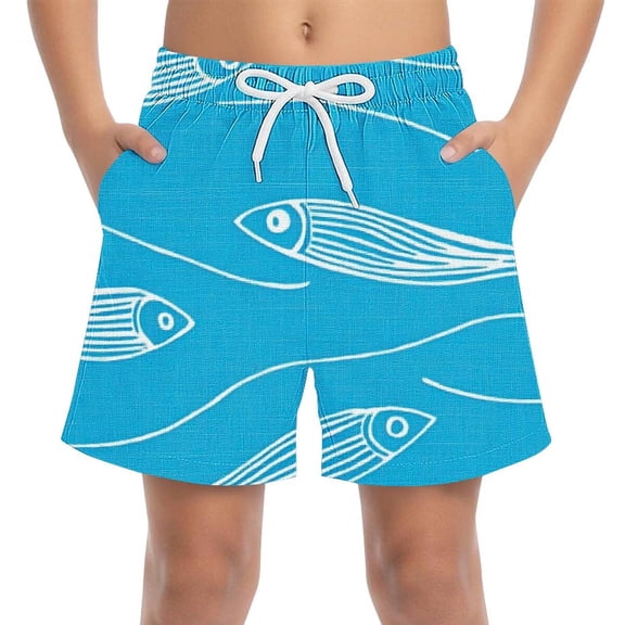 Boys' Quick Dry Swim Shorts with Pockets Elastic Waist Beach Board Shorts Fish Print Multicolor 4-15 Years,Size 12-13T