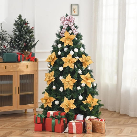 TG4THT-Christmas Poinsettia 10pcs 10-Inch Large Christmas Flowers Picks Spray Artificial Velvet Glitter Flower Ornaments for Christmas Tree Wreath Garland Decoration (Gold)