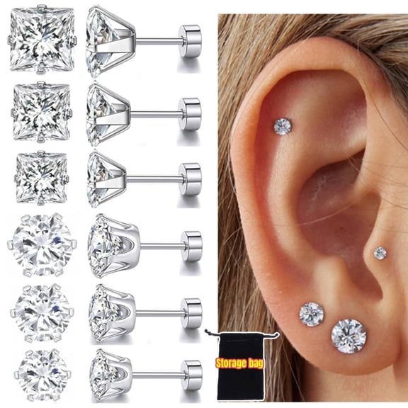 Titanium Flat Back Earrings -6 Pack of Surgical Stainless Steel Round Square Princess Cut CZ Screw Back Stud For Women Men Fashion Jewelry
