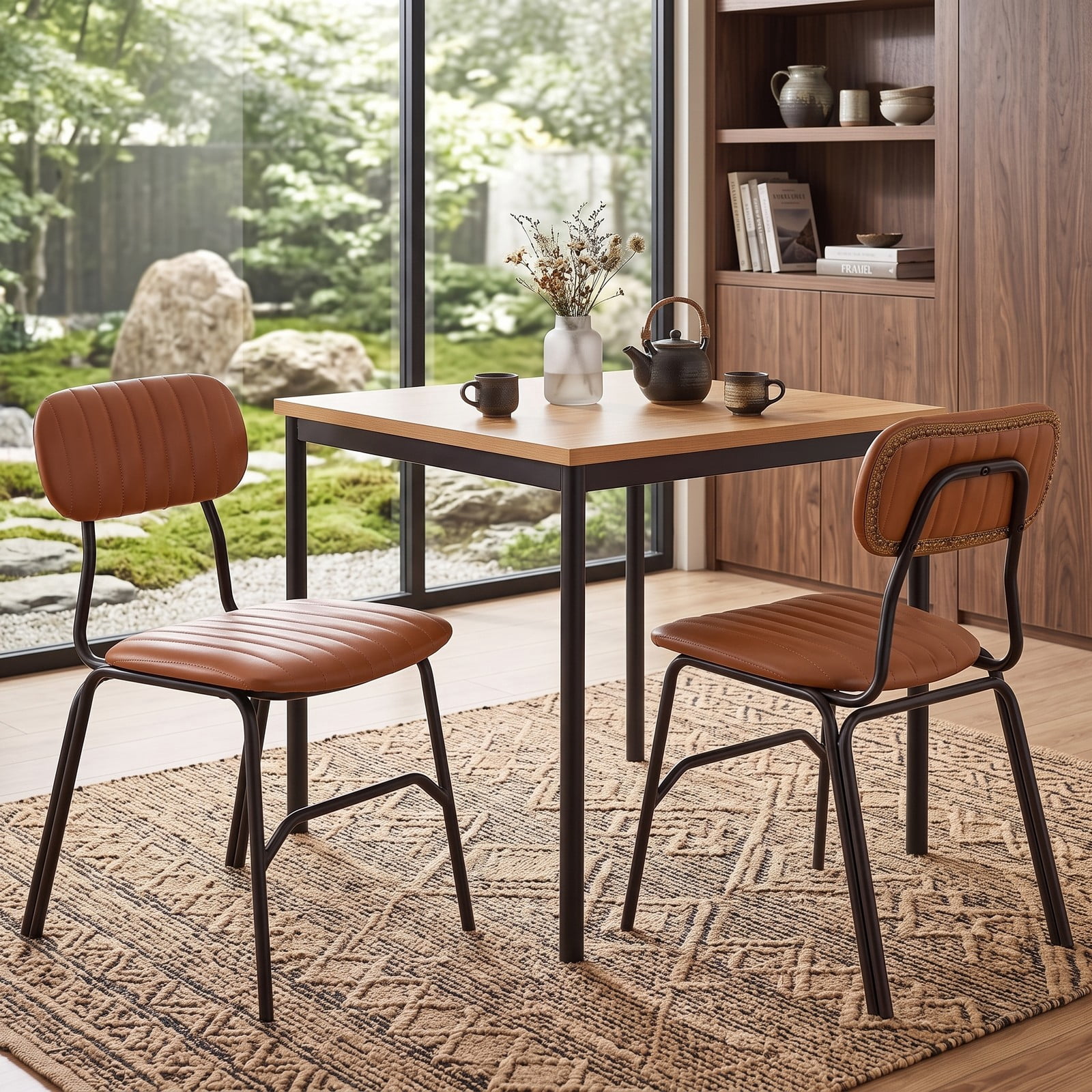Furnibear Set of 2 Modern Dining Chairs, Upholstered PU Leather Kitchen Side Chairs with Ergonomic Backrest, Metal Legs, Rivet & Embellished Edges, 350 lb, Brown