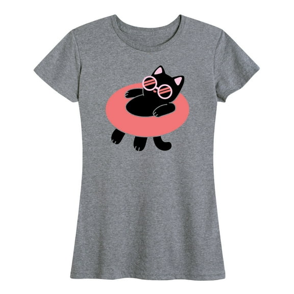 Instant Message - Black Cat Floatie - Women's Short Sleeve Graphic T-Shirt