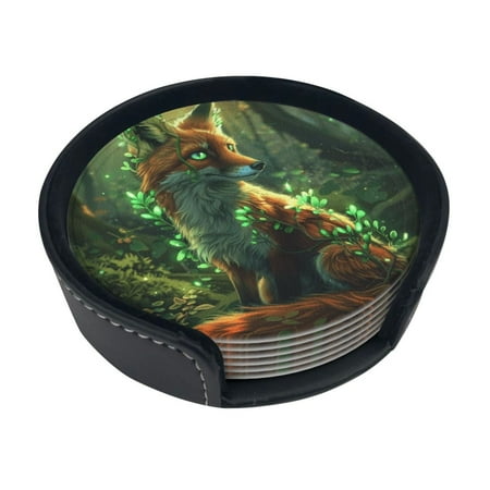 

A fox decorated in green Print Coaster Round Leather Coasters with Storage Box for Wine Mugs Cold Drinks and Cups Tabletop