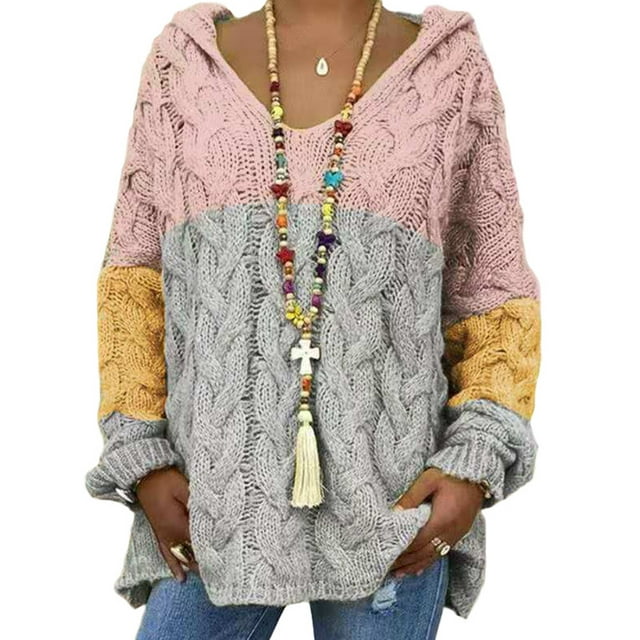 Daeful Chandail pour Femmes à Manches Longues Chandail-Over Chaud et Confortable pour L'Hiver Rose Gris G