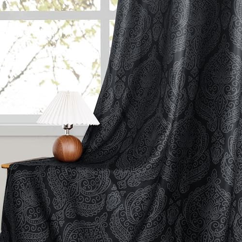 Hiasan Ombre Blackout Curtains for Bedroom - Back Tab & Rod Pocket Elegant Damask Design Thermal Insulted Window Drapes with Tiebacks Light Blocking Curtains, 2 Panels, W42 x L84, Black