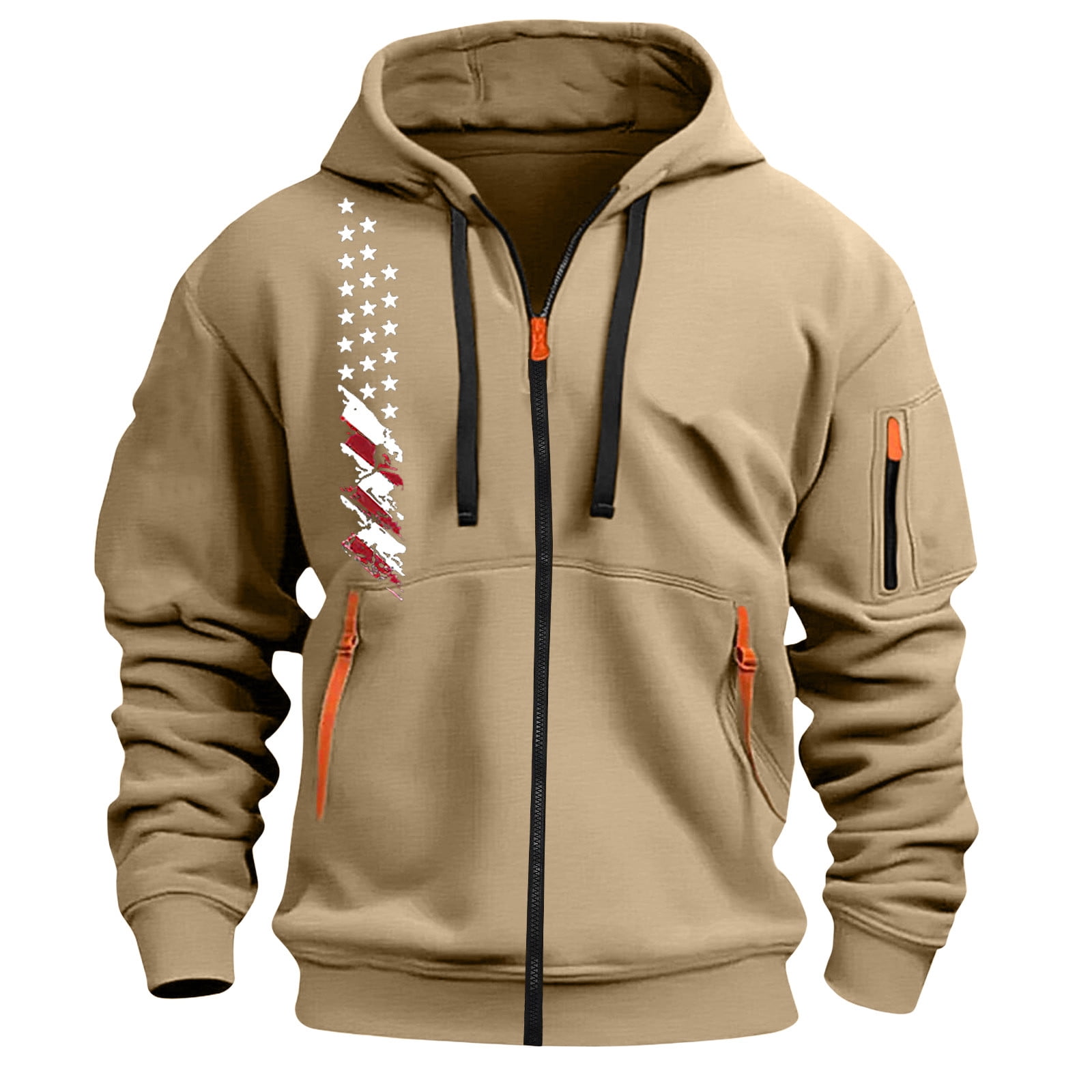 Mens Casual Hooded Sweatshirt Jacket Multi-Pocket Vintage Print Mens Casual Hooded Sweatshirt Jacket Multi-Pocket Vintage Print