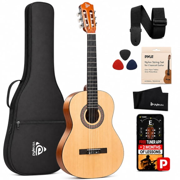 Pyle 1/2 Size Beginner Acoustic Guitar Kit – 34” Junior All Wood Guitar with Carry Case, Strap, Picks, Cleaning Cloth, Tuner App & 2-Month Lessons