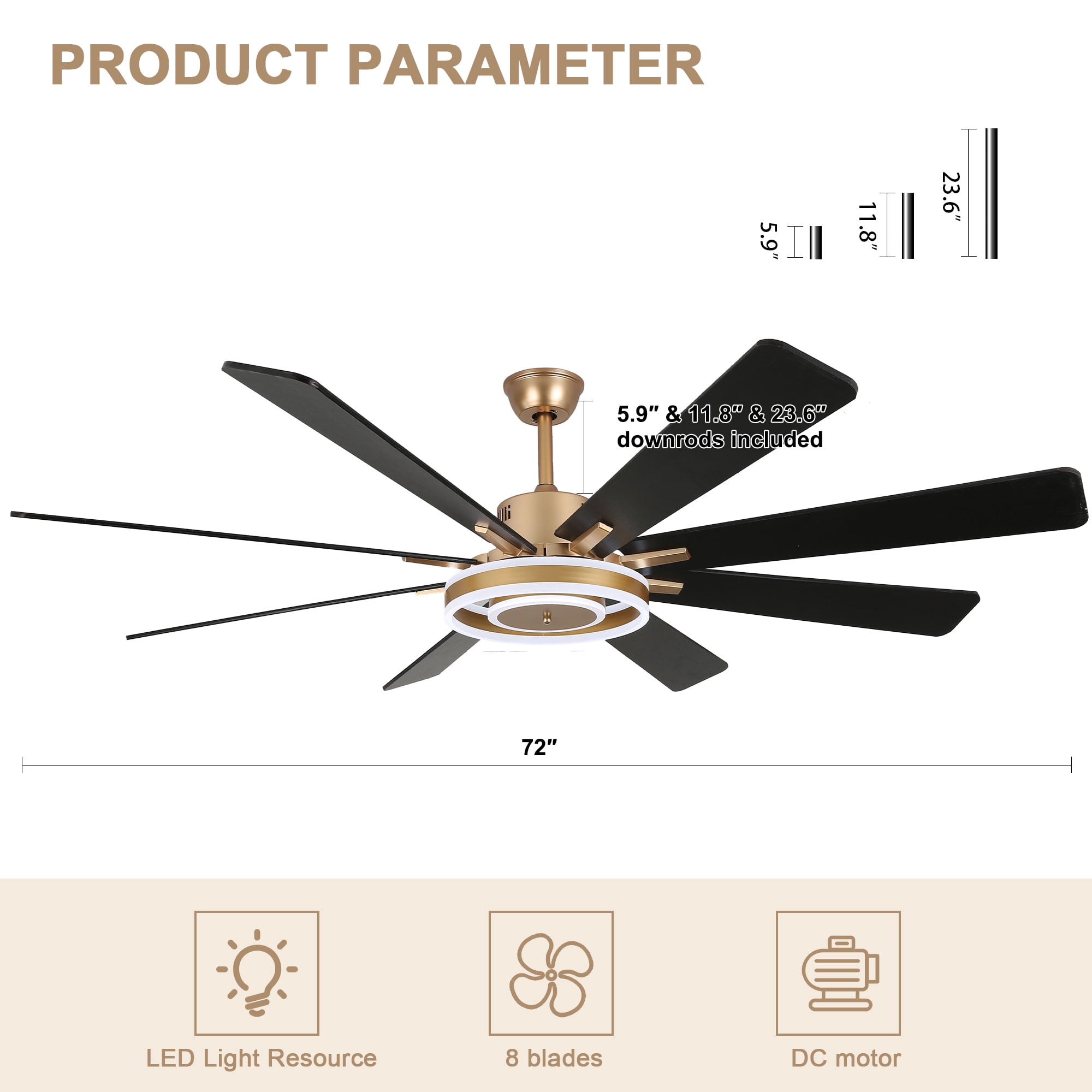 Bella Depot 72" Modern LED Ceiling Fan 6-Speed Reversible Chandelier With Dimmable Light and Remote Control