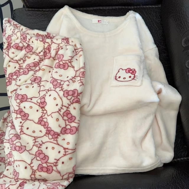 Conjunto de pijama de Hello Kitty para mujer, Pantalones suaves de tela elástica de lana de Anime, ropa de dibujos animados, regalo de cumpleaños, nuevo