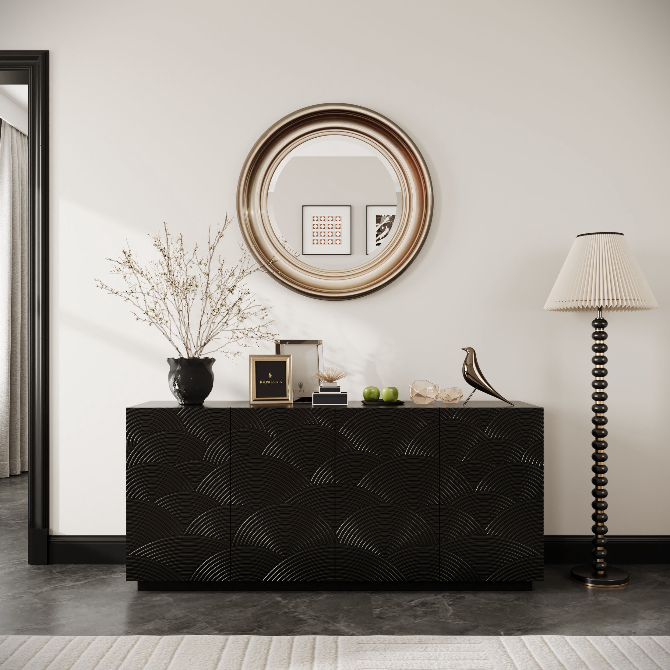 Noble House Ansel 59.8" Modern Accent Storage Sideboard, Water Ripple Pattern Buffet Cabinet for Kitchen, Black