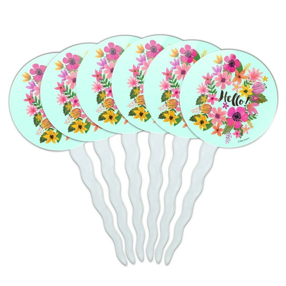 Hello with Pretty Flowers Cupcake Picks Toppers Decoration Set of 6