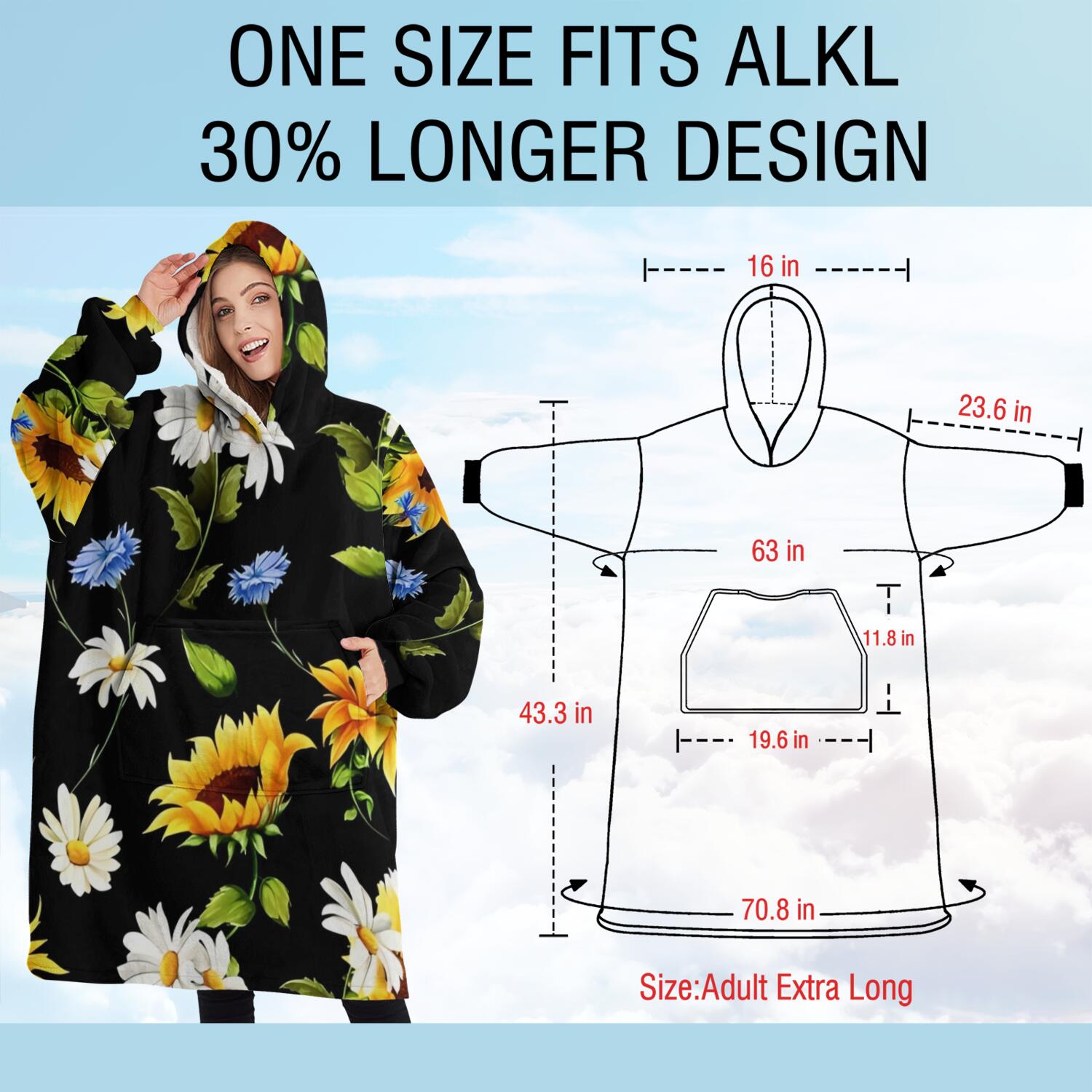 Oversized Wearable Blanket Hoodie,Black Sunflower White Daisy Pattern Sherpa Blanket Hoodie with Super Pockets,Super Warm Fuzzy Pullover for Women & Men