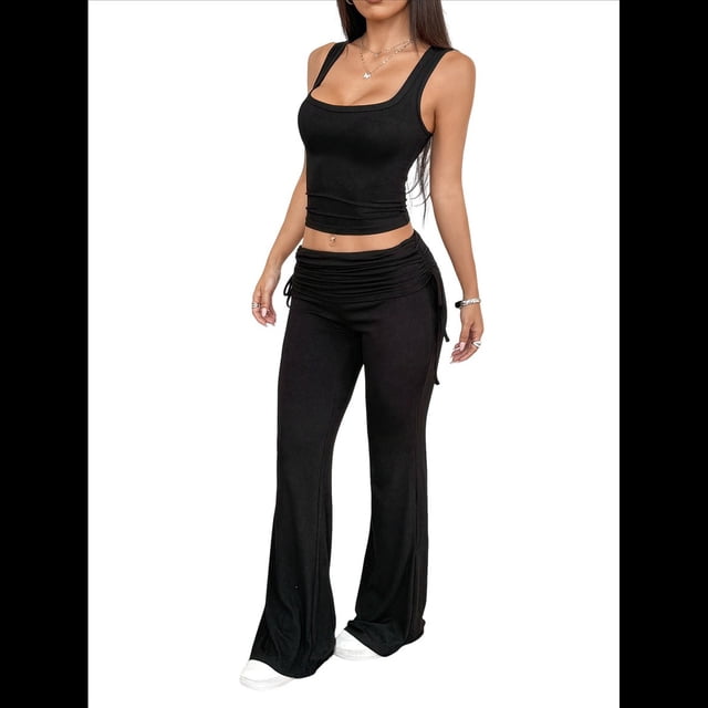 Conjuntos de 2 Piezas para Mujer, Conjuntos de Estar por Casa, Camisetas Sin Mangas, Pantalones Anchos y Chándales Negro M