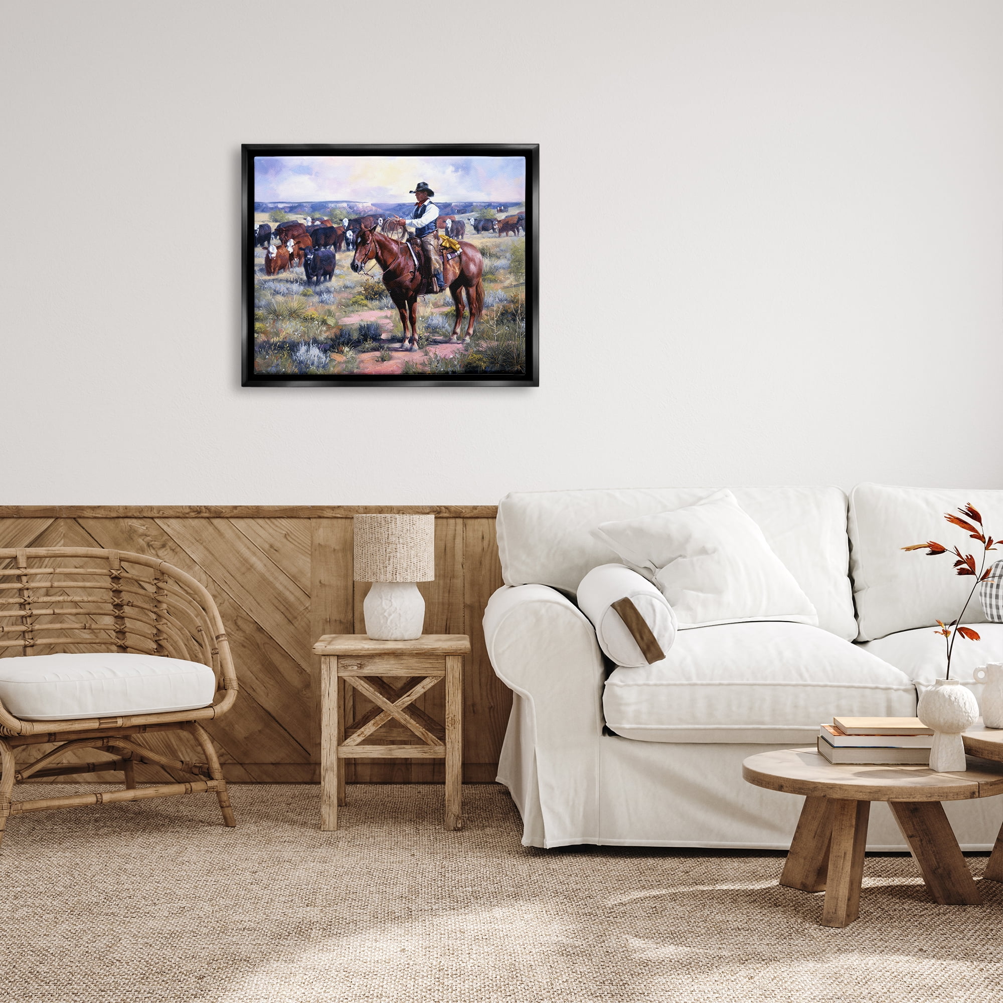 Stupell Industries Cowboy Herding Cattle Ranch Animals & Insects Painting Black Floater Framed Art Print Wall Art, 31 x 25
