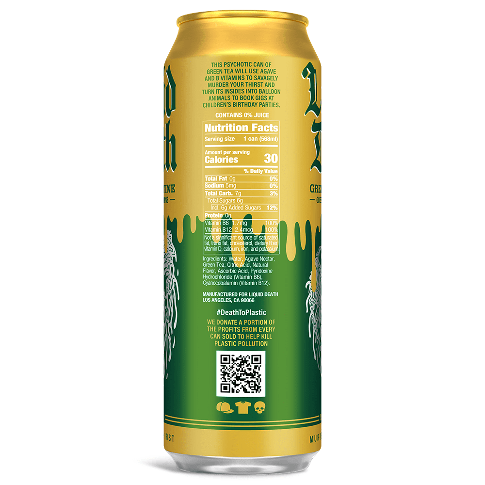 Liquid Death Iced Tea - Green Guillotine (Green Tea), Less Sugar*, Boost of Caffeine, B Vitamins, No Artificial Sweeteners, King Size 19.2 Fl Oz