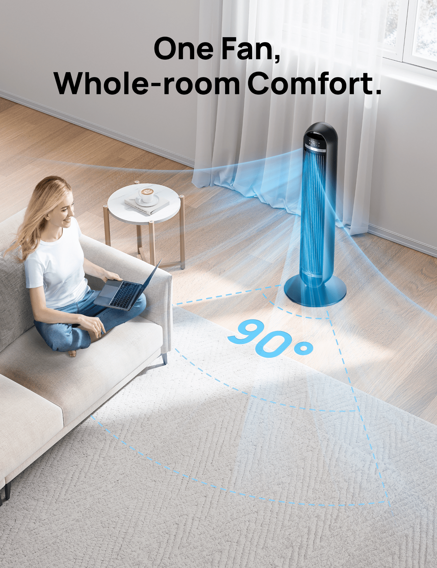 DREO Nomad DC Tower Fan, 27ft/s Velocity, Ultra Quiet Bladeless Floor Fan with 10 Speeds and 4 Modes, 90° Oscillating, Remote Control
