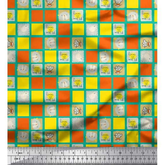 Soimoi Poly Georgette Fabric Geometric Square,Text & Bear Face Kids Decor Fabric Printed Yard 42 Inch Wide