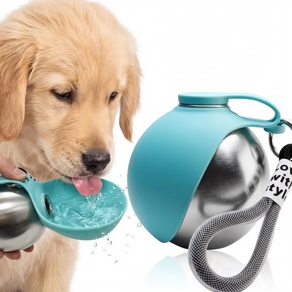Stainless Steel Dog Water Bottle - 10 oz Portable Pet Travel Tumbler with Foldable Bowl, Leakproof for Walking and Hiking, Blue