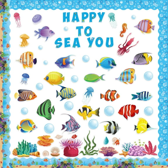 Haooryx Happy to Sea You Ocean Fish Bulletin Board Decorations - Tropical Fish Marine Animal Cardstocks Back to School Classroom Decor Supplies