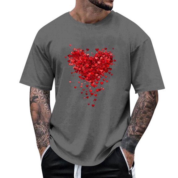 PNTUTB Men's Valentine's Day Fashion Heart Print Crew Neck Short Sleeve Pullover Casual Loose Comfort Tops