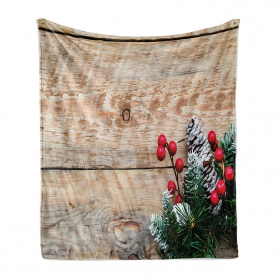 Evergreen Soft Flannel Fleece Throw Blanket, Christmas Wreath Woven Spruce Branches with Berries on Wooden Background, Cozy Plush for Indoor and Outdoor Use, 70" x 90", Multicolor, by Ambesonne