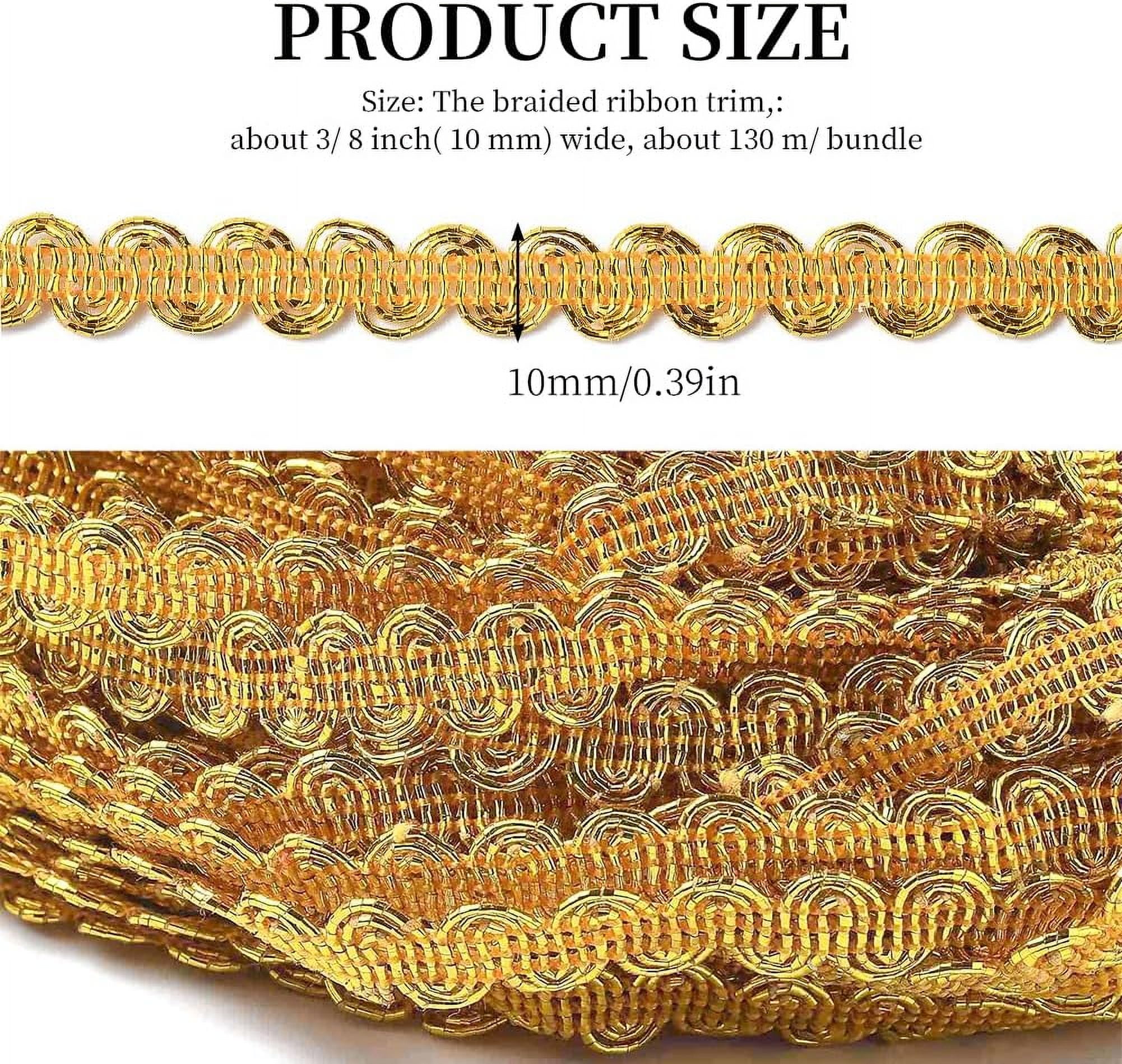 140 Yards 3/8 Inch Metallic Braid Lace Trim Gold Polyester Upholstery Ribbon Wave Pattern Scroll Decorated Gimp Woven Trimming for Jewelry Making Sewing Wedding Garment Accessories Goldenrod