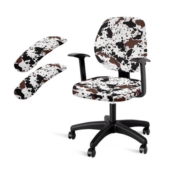 SCRAWLGOD Stretchable Office Chair Slipcover with Armrest Covers Anti-Slip Desk Chair Seat Protector Breathable Boss Chair Cover, 4 Pieces Set, Cow Print Brown Black White