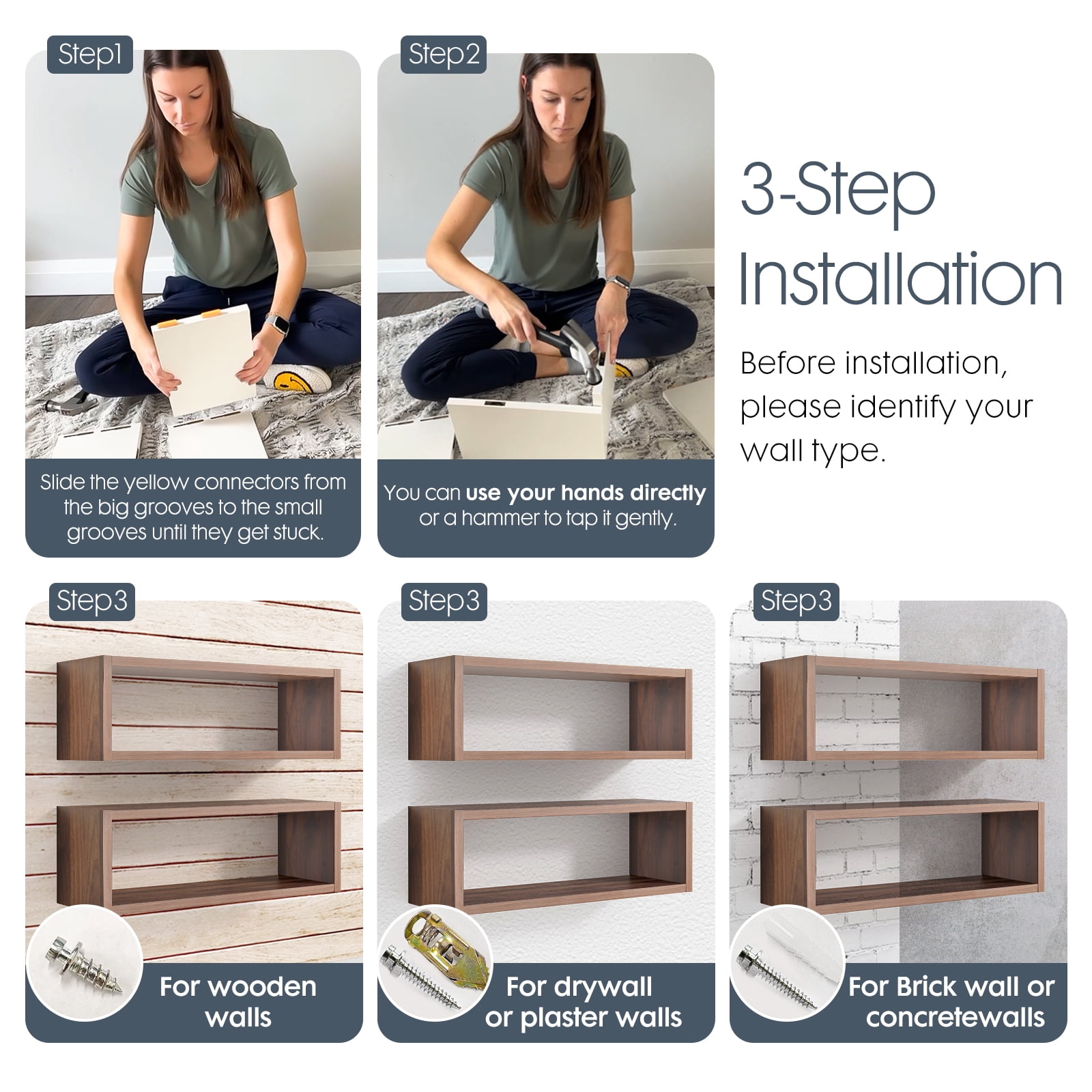 Kaboon 24" Floating Cube Shelves, Set of 2, Wall Mount Decorative Hanging Shelves, Dark Walnut