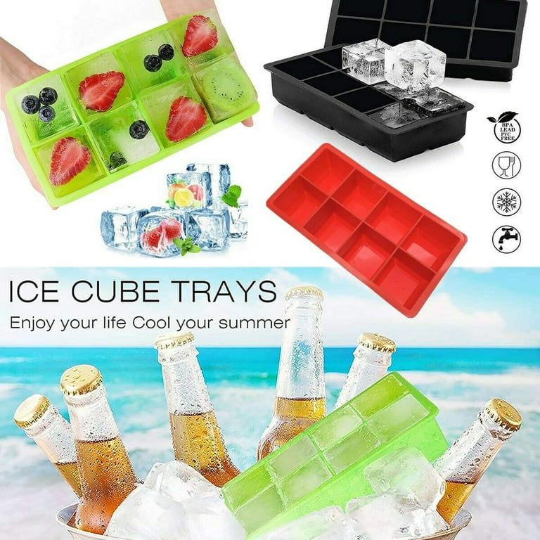 Ice Cube Tray, Large, Pack of 2 - Flexible 8 Cavity Silicone Ice Cube Maker  - Square Ice Molds for Whiskey & Cocktails 