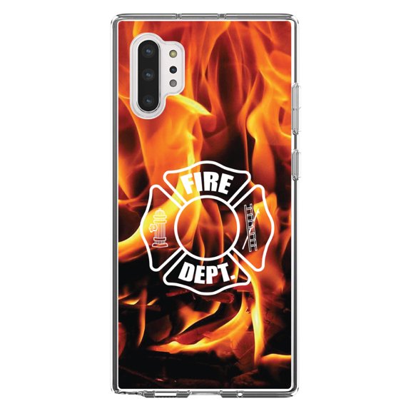 DistinctInk Clear Shockproof Hybrid Case for Galaxy Note 10 PLUS (6.8" Screen) - TPU Bumper, Acrylic Back, Tempered Glass Screen Protector - Flames Fire Department Maltese Cross - First Responders
