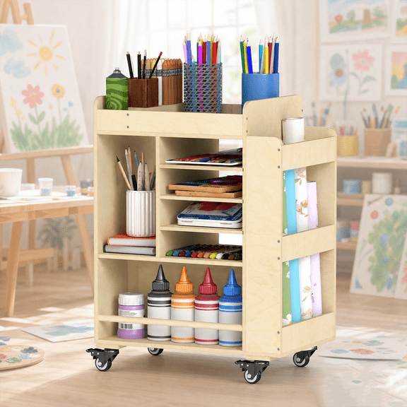 VGBYUJ Wooden Art Cart with Wheels, 3-Tier Rolling Craft Cart for Art Supply Storage, Multi-Functional Rolling Utility Carts for Classroom, Home, Workspace