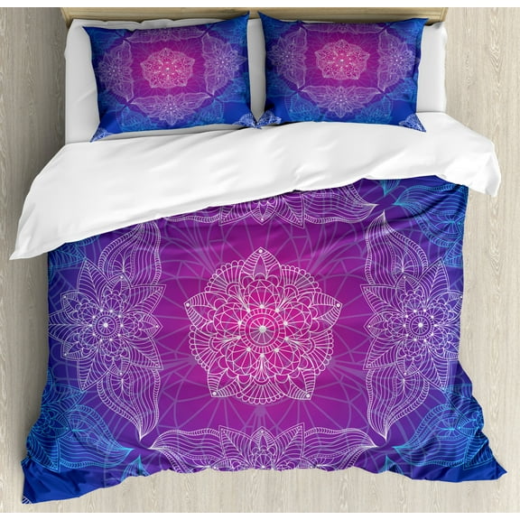 Purple Mandala King Size Duvet Cover Set, Psyschedelic Oriental Theme Floral Pattern in Filigree Style, Decorative 3 Piece Bedding Set with 2 Pillow Shams, Magenta Night Blue White, by Ambesonne