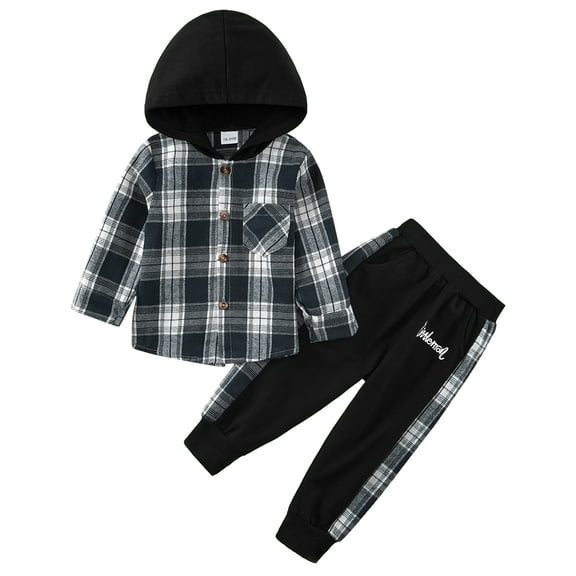 Usaibhir Toddler Baby Boys Clothes Flannel Lattice Button Down Long Sleeve Plaid Hooded Tops  Pants Boys Fall Winter Outfits 18M-6Y