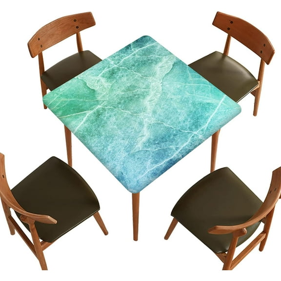 Marble Fitted Polyester Tablecloth Square, Blue Green Marble Elastic Edge Decorative Table Cloth, Dust & Wrinkle Proof Fabric Table Clothes for Family Picnic BBQ Use, Fit for 36" x 36" Square Table