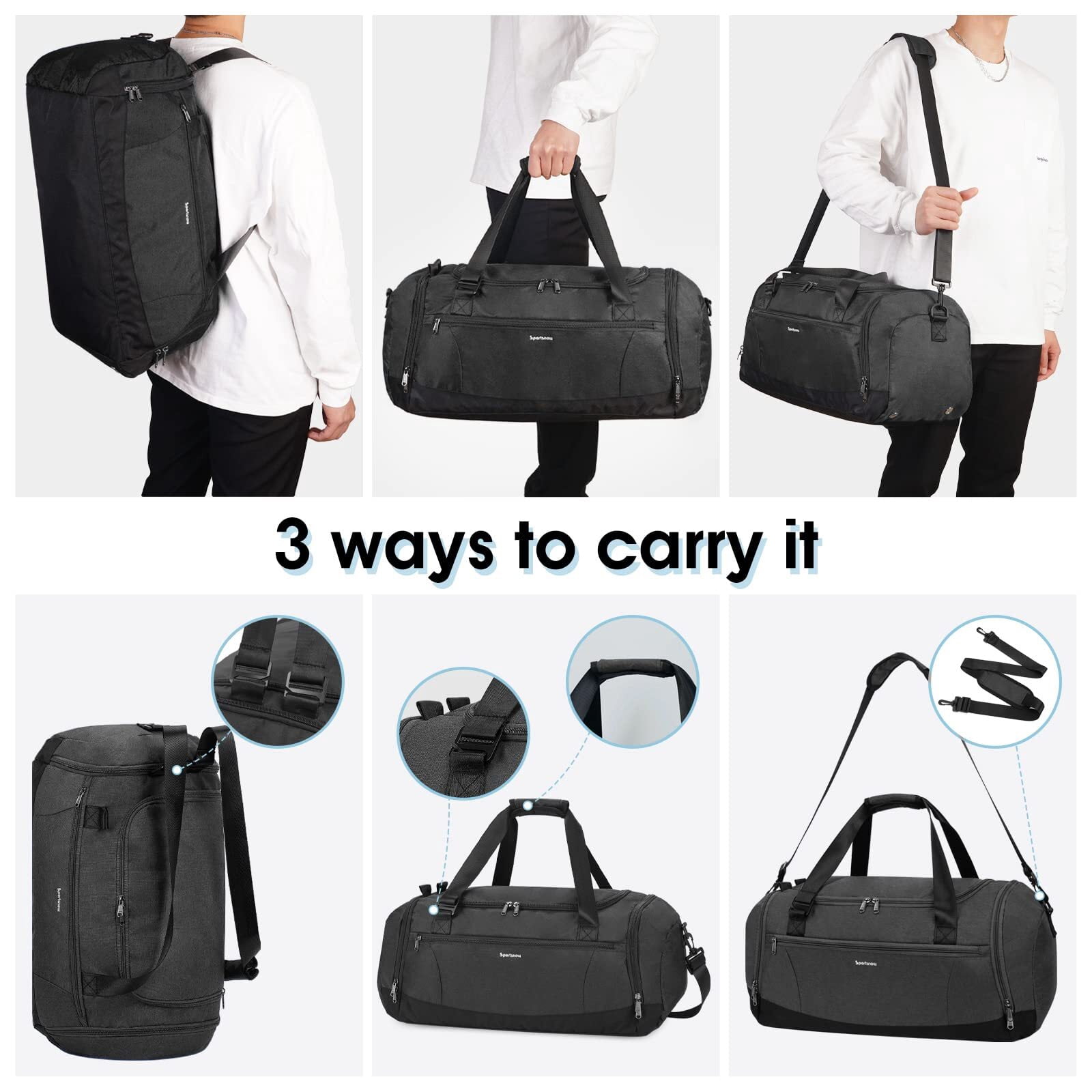 Gym Bags Set 2Pcs Men's Travel Duffel Bag with Toiletry Pouch Waterproof with Backpack Straps Shoe Compartment Wet Pocket for Women, Black