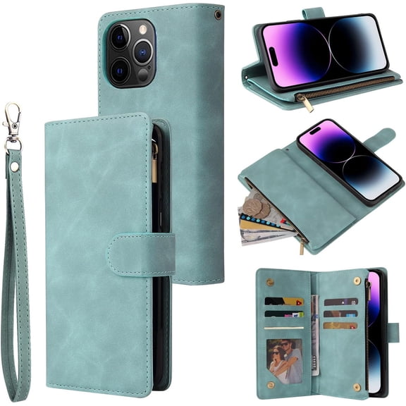 Wallet Case for iPhone 14 Pro Max 6.7 inch, Premium PU Leather Card Holder with RFID Blocking Zipper Flip Folio Wallet Wrist Strap Kickstand Protective Case (Baby Blue)