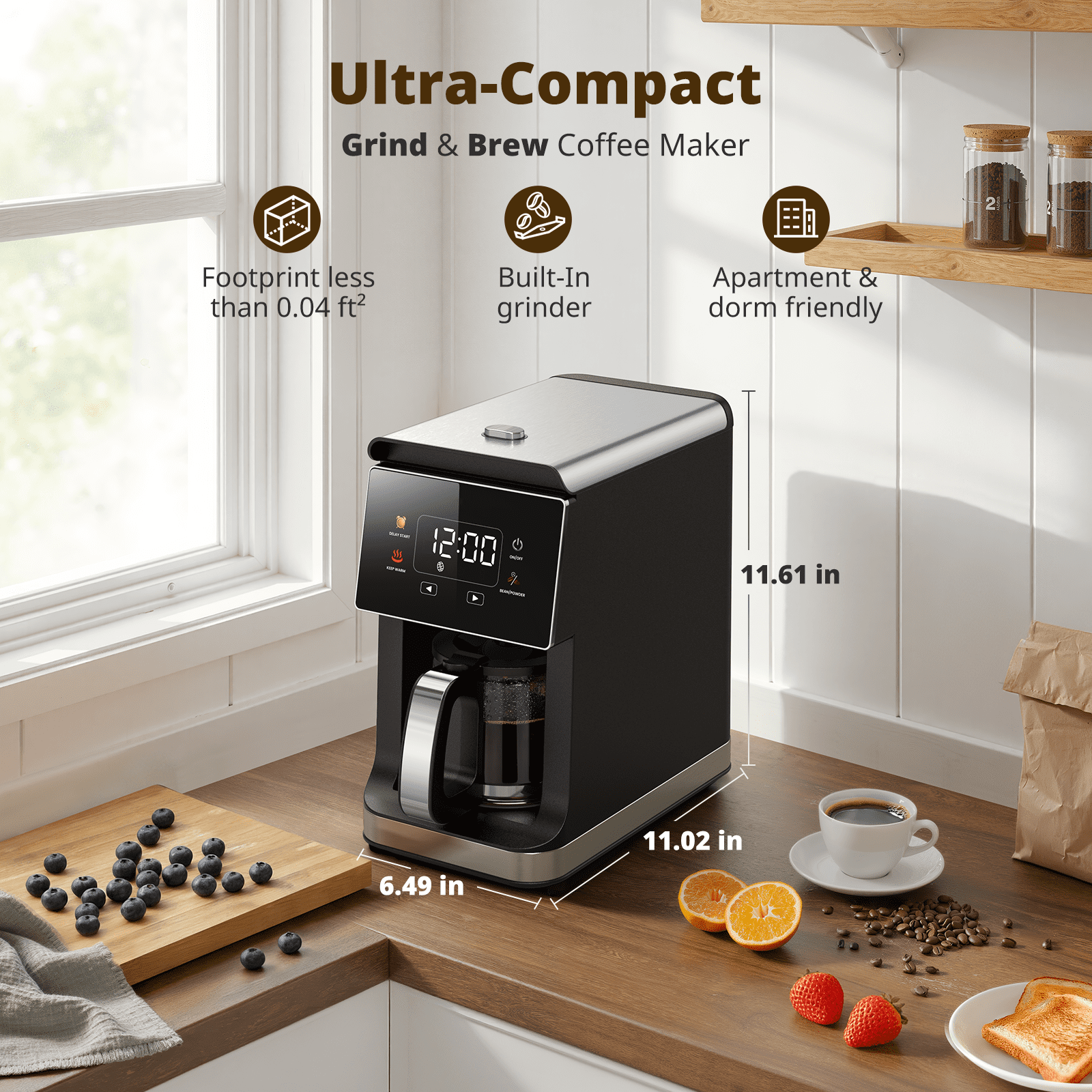 AIRMSEN 2 in 1 Drip Coffee Maker with Grinder, Compact 5-Cup Programmable Coffee Machine, 3 Grind Settings, 24-Hour Delay Brew & Extended Keep Warm
