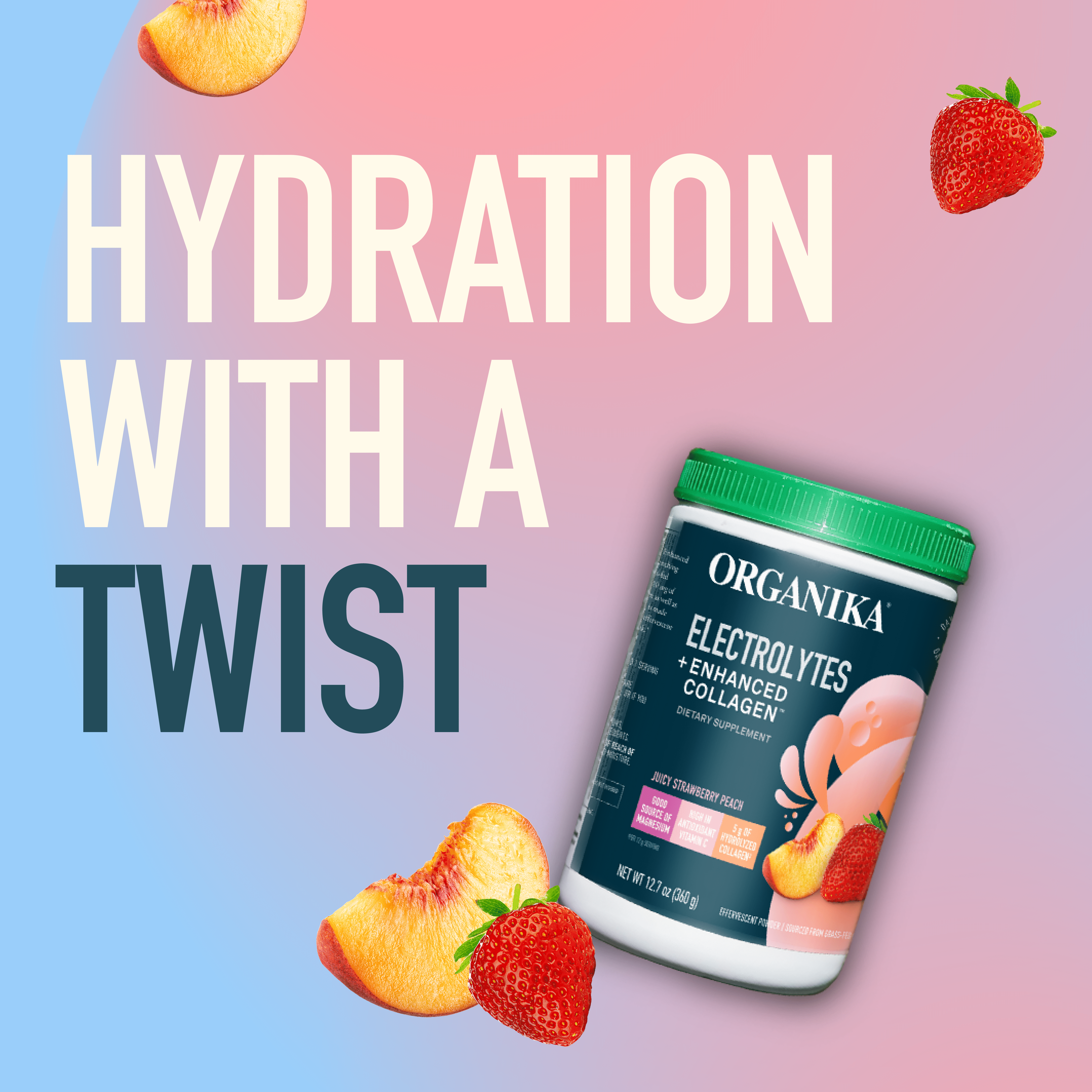 Organika Sports Hydration Drink Mix - 5g Protein, Collagen, Electrolytes, Vitamins, No Sugar - Strawberry Peach - 30 Servings