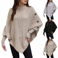 thumbnail image 3 of shoper Batwing Sweaters for Women Cable Ribbed Knit Turtleneck Pullover Fall Warm Shawl Poncho Sweaters with Off-Shoulder Buttons Women Fall Clothes, 3 of 6