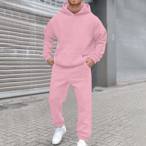 Mens 2 Piece Tracksuit Set Soft Hoodies and Sweatpants Sets Jogging Workout Athletic Sweatsuit Spring Pink XXL