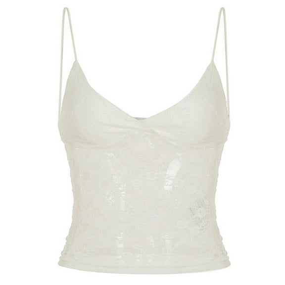 Womens Y2k Lace Tank Tops Going Out Crop Tops Spaghetti Strap Mesh See Through Camisole Summer Casual Tops White S