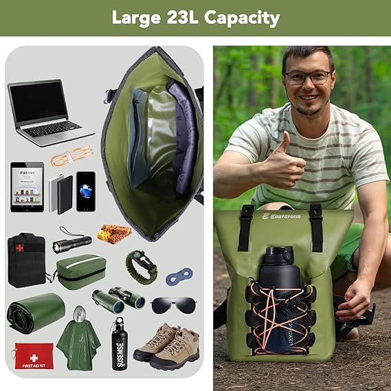 23L Waterproof Dry Bag Backpack for Kayaking & Travel, Heavy Duty PVC Roll Top Sack with Laptop Sleeve, IPX8 Phone Case Included