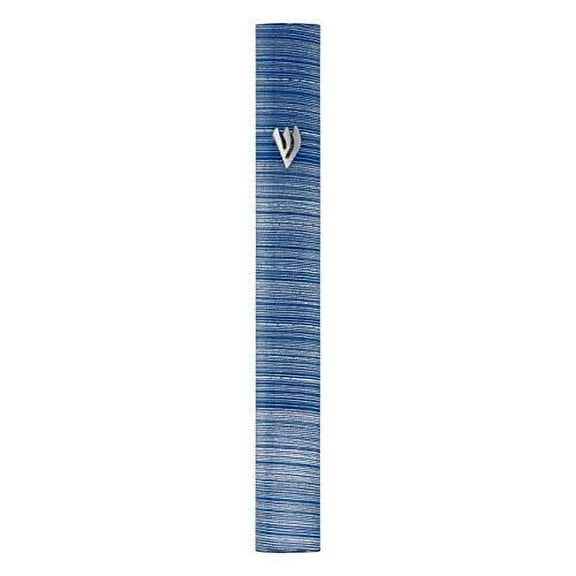 Aluminum Mezuzah Case with 3D Painted Shin Design Easy Peel and Stick Judaica Door Mezuza for Parchment Scroll (Blue/White, 5 Inches)