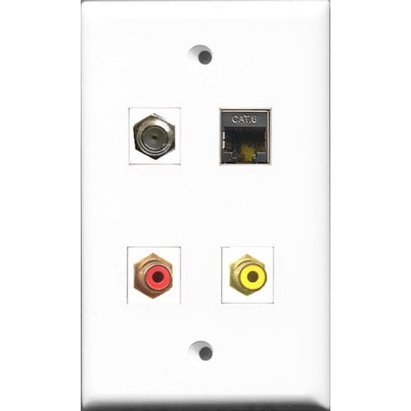RiteAV 1 Port RCA Red and 1 Port RCA Yellow and 1 Port Coax Cable TV- F-Type and 1 Port Shielded Cat6 Ethernet Wall Plate