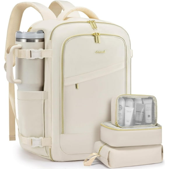 40L-4 pcs WhiteTravel Backpack for Women, 40L Carry On Backpack for Airplanes, Personal Item Bag for Airlines Fits 17 inch Laptop,TSA Approved Luggage with 3 Packing Cubes,Waterproof Weekender Gym bac