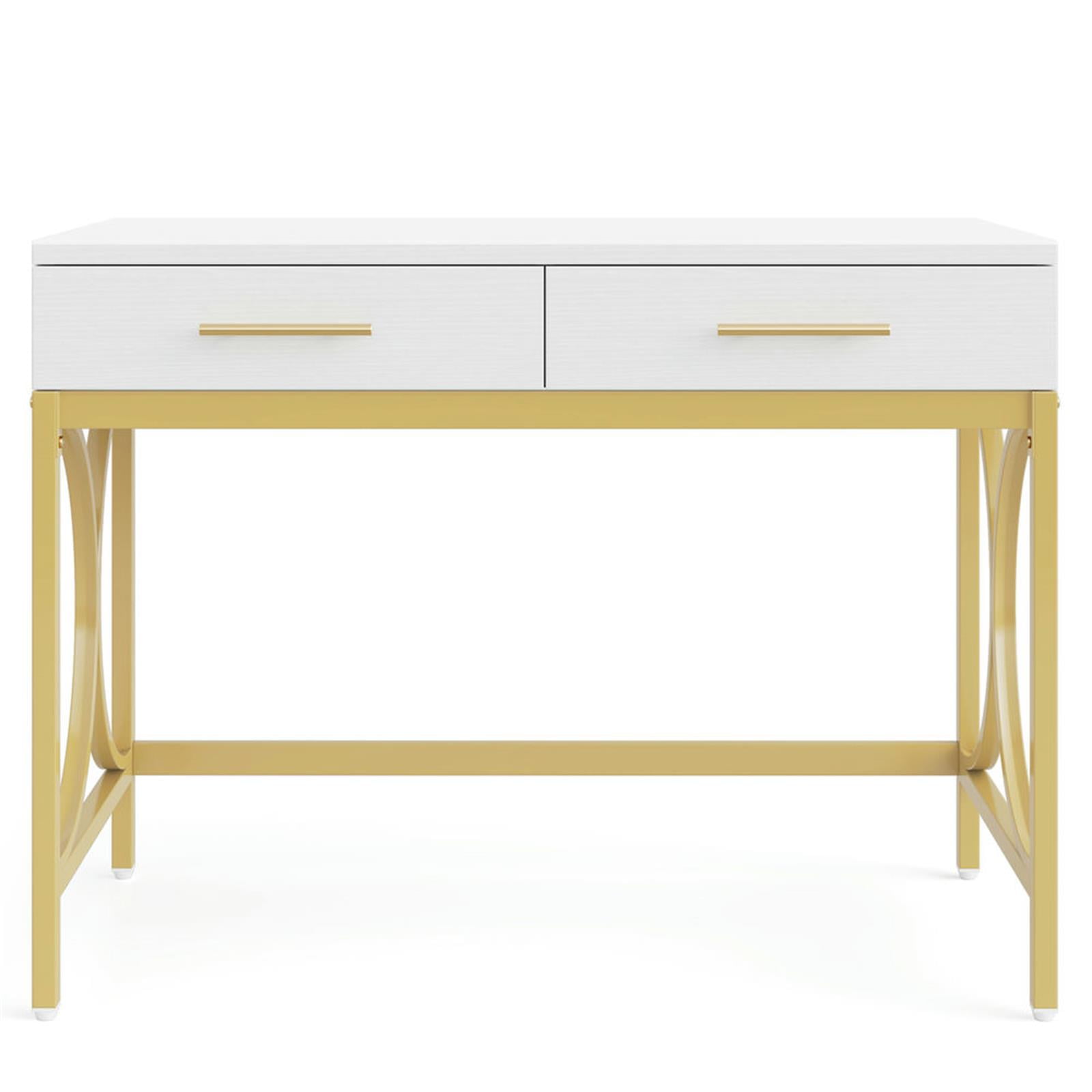 Demi Bonn 41" Computer Desk with 2 Storage Drawers and Gold Legs, Modern Study Writing Gaming Table for Home Office, Makeup Vanity Desk, White
